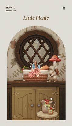 an advertisement for the little picnic is shown in front of a cabinet with flowers and mushrooms on it