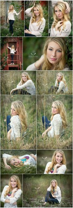 a woman is posing in the grass with her hands on her head and looking at the camera