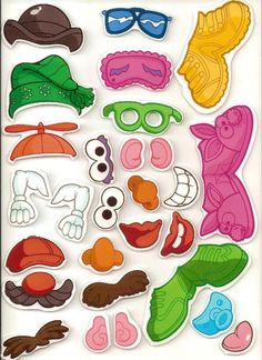 an assortment of stickers with different types of hats and sunglasses on them, all in bright colors