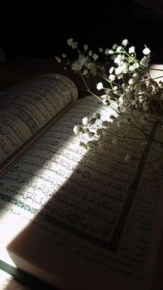 an open book sitting on top of a table next to a vase filled with flowers