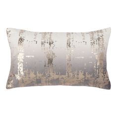 a rectangular pillow with an abstract design on the front and back, in grey tones