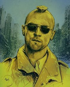 a drawing of a man wearing sunglasses and a yellow shirt with his hair pulled back