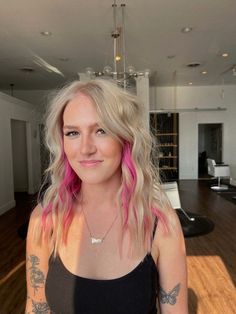 Blonde Hair With Strip Of Color, Pink Strip In Blonde Hair, Blonde Hair Color Ideas With Peekaboos, Medium Length Blonde Hair With Pink, Blondes With Pink Highlights, How To Do Pink Highlights In Blonde Hair, Pop Of Color Hair Placement, Pink Peekaboo On Blonde Hair, Colors To Dye Your Hair Blonde