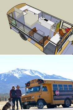 two different views of a school bus with people standing in front of it and one showing the interior