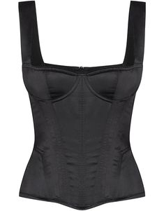 The chic Daisy Black Satin Bustier by Cadolle has a very flattering square neckline that beautifully frames your décolleté, with underwire cups and boning for supportive shape. The wide straps provide comfortably support. The bustier is crafted from soft stretch fabric with a satin finish and closes in the back with a zipper, allowing for easy wear, and creating a clean, ready to wear look. The legendary Maison Cadolle was founded in 1889 in Paris by Herminie Cadolle, who revolutionised the code Satin Bustier, Corset Black, Black Corset Top, Black Bustier, Satin Corset, Lace Bustier, Corsets And Bustiers, Lace Corset, Black Corset