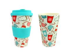 two cups with lids are sitting next to each other on a white surface, one has a blue lid and the other is decorated with candy canes