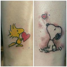 two pictures of the same tattoo on someone's leg, one with a dog and heart