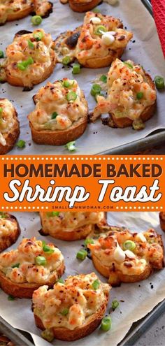 homemade baked shrimp toast on a baking sheet with the title overlay reading homemade baked shrimp toast