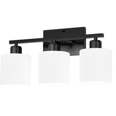 three light bathroom fixture with black finish and frosted glass shades on the bottom half