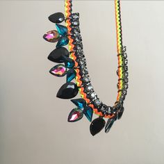 Iridescent Jewel Statement Necklace With Neon Orange/Yellow Rope. Sits High On The Neckline. Beautiful Shades Of Blue, Gunmetal, Pink, And Green. Never Worn. Adjustable Multicolor Necklaces For Party, Adjustable Multicolor Necklace For Party, Trendy Rainbow Necklace For Parties, Trendy Multicolor Necklaces For Party, Trendy Multicolor Necklace For Party, Colorful Handmade Necklaces For Party, Rainbow Necklace For Party, Handmade Bold Necklace For Party, Bold Handmade Necklace For Party