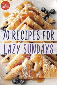 blueberry crepes on a plate with the title, 70 recipes for lazy sunday's