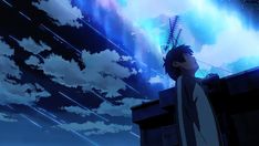 a man standing on top of a roof next to a sky filled with stars and clouds