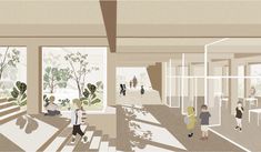 an artist's rendering of people walking through a room with large windows and plants