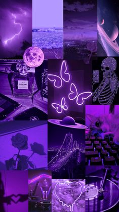 a collage of photos with purple lighting and images in the middle one has an image of a skeleton on it