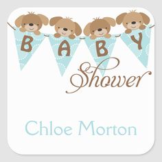 a baby shower sign with puppies hanging from it's clothes and bunting