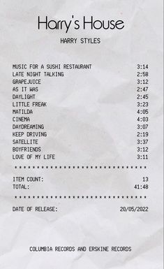 the receipt for harry's house