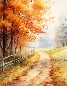 an oil painting of a country road in autumn