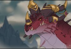 an animated image of a dragon with horns and armor on it's head, standing in front of mountains