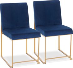 two blue velvet chairs with gold metal legs