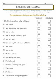 Thoughts and Feelings Worksheets Thoughts And Feelings Activities, Thoughts Vs Feelings Worksheet, Therapy Telehealth Activities, Thoughts Feelings Behavior Activity, Intrusive Thinking Worksheet, Thoughts Feelings Actions Worksheet, Back To School Therapy Worksheets, All About Me Therapy Activity, Cbt Therapy Homework