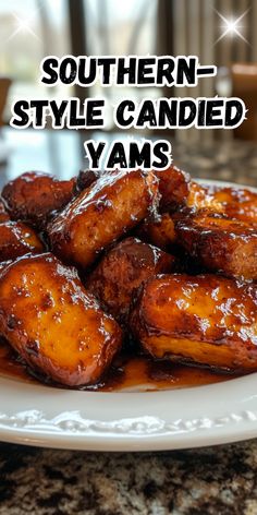 some food is on a white plate and has the words southern style candied yams