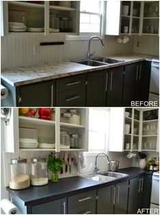 before and after pictures of a kitchen countertop remodel with cabinets painted black