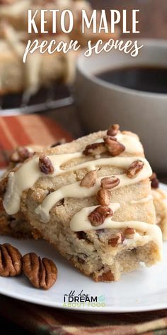 two pieces of keto maple pecan scones on a white plate