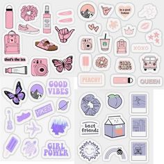 various stickers and decals are shown in pink, blue, and purple colors