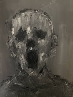 a black and white painting of a skull on a gray background, with one eye open