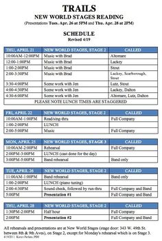 the new world stages reading schedule is shown in black and white, with blue details