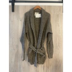 Details / Retails $198 Heritage Rib Robe Cardigan 60% Wool 20% Nylon 20% Tencel Color : Natural ( Grayish Brown ) Fitted Knit Outerwear With Shawl Collar, Fitted Gray Knit Sweater Coat, Wool Outerwear For Winter, Wool Outerwear For Winter Loungewear, Cozy Fitted Gray Cardigan, Gray Cardigan For Winter Loungewear, Gray Winter Cardigan For Loungewear, Cozy Gray Cardigan For Workwear, Gray Fitted Knit Outerwear