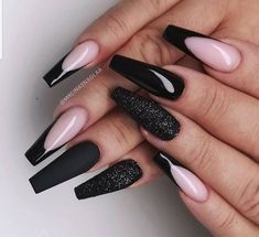 Black French Tip Nails, Black French Tip, Nails With Glitter, Sugar Nails, Black Acrylic Nails, Tip Nails, Black French, Pink Acrylic Nails, Classy Nails