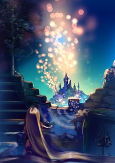 an animated image of a castle with fireworks in the sky and a woman looking at it