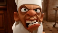 a close up of a cartoon character wearing a chef's hat