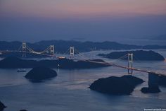 the golden gate bridge is lit up at night, as seen from atop an island