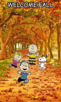 the peanuts gang walking down a leaf covered path with trees and leaves all around them