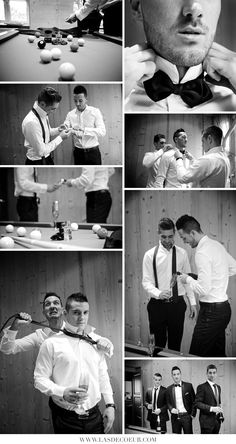 black and white photos of men in suits doing different things on his necktie, while another man adjusts his bow tie