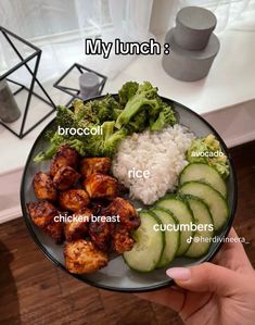 a person holding a plate with chicken, rice and cucumber slices on it