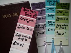 the bookmarks have been placed next to each other with words written on them in different colors