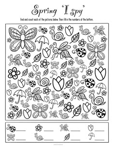 spring is spy coloring page with butterflies and flowers