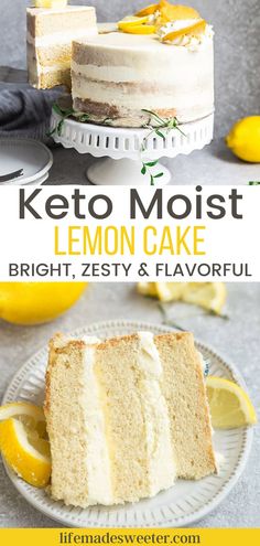 a lemon cake on a white plate with the words keto moist written above it