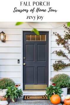 a front door with pumpkins and potted plants