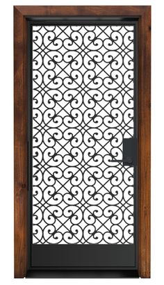 an iron door with wooden frame and glass