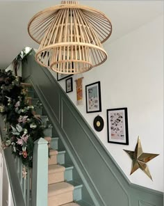 I Stairs And Hallway Ideas Green, Green Painted Stairs With Runner, Green Staircase Ideas, Green Banister Ideas, Green Hall Stairs And Landing Decor, Panelled Staircase Hallways, Green Stairs With Runner, Green Stair Railing, Card Room Green Hallway