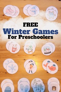 a wooden table topped with paper plates covered in winter game designs and text that reads free winter games for preschoolers