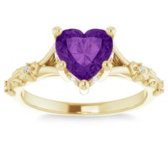 Stunning and unique women's ring features a genuine 7mm heart shaped amethyst. The gemstone is prong set in solid 14k gold high polished design. Heart Shape Leaf, Heart Shaped Amethyst, Hair Accessories Pearl, Ring Trends, Heart Shaped Diamond, Leaf Ring, Cubic Zirconia Rings, Vintage Diamond, Diamond Heart