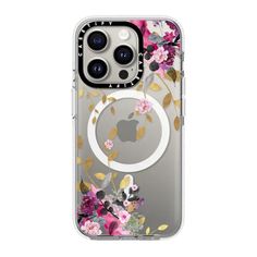 an iphone case with flowers and leaves on the front, in clear plastic cover that is attached