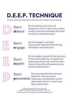 The D.E.E.P. technique is a communication technique used for interacting with narcissists and toxic individuals. The best communication technique is no communication and no contact. If you must interact with a narcissist consider using D.E.E.P. Communication Techniques, Mental Health Facts, Online Counseling, Group Ideas, Writing Therapy, Emotional Awareness, Narcissistic Behavior