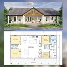 the floor plan for this small house is shown in two different colors and features an attached garage