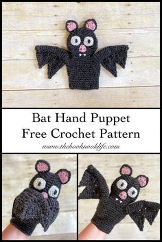 crocheted bat hand puppet is shown with instructions to make it